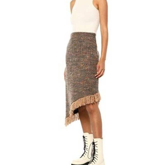 NWT Ganni Donegal Tan Asymmetrical Wool Blend Fringe Tweed Skirt • Size 44 🗣 - Picture 1 of 4
